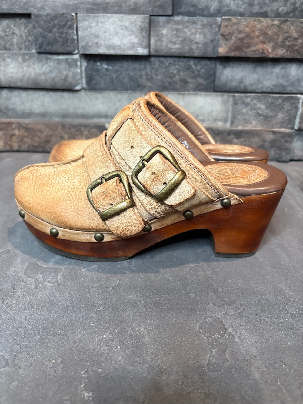 Ariat Tan Distressed Leather Buckle Clog Mules with Wood Sole - Picture 8 of 11